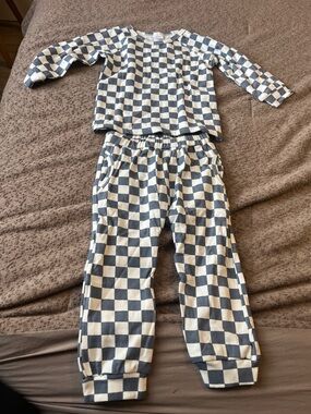 Kids Checkerboard Pajama Set - Cream and light blue
